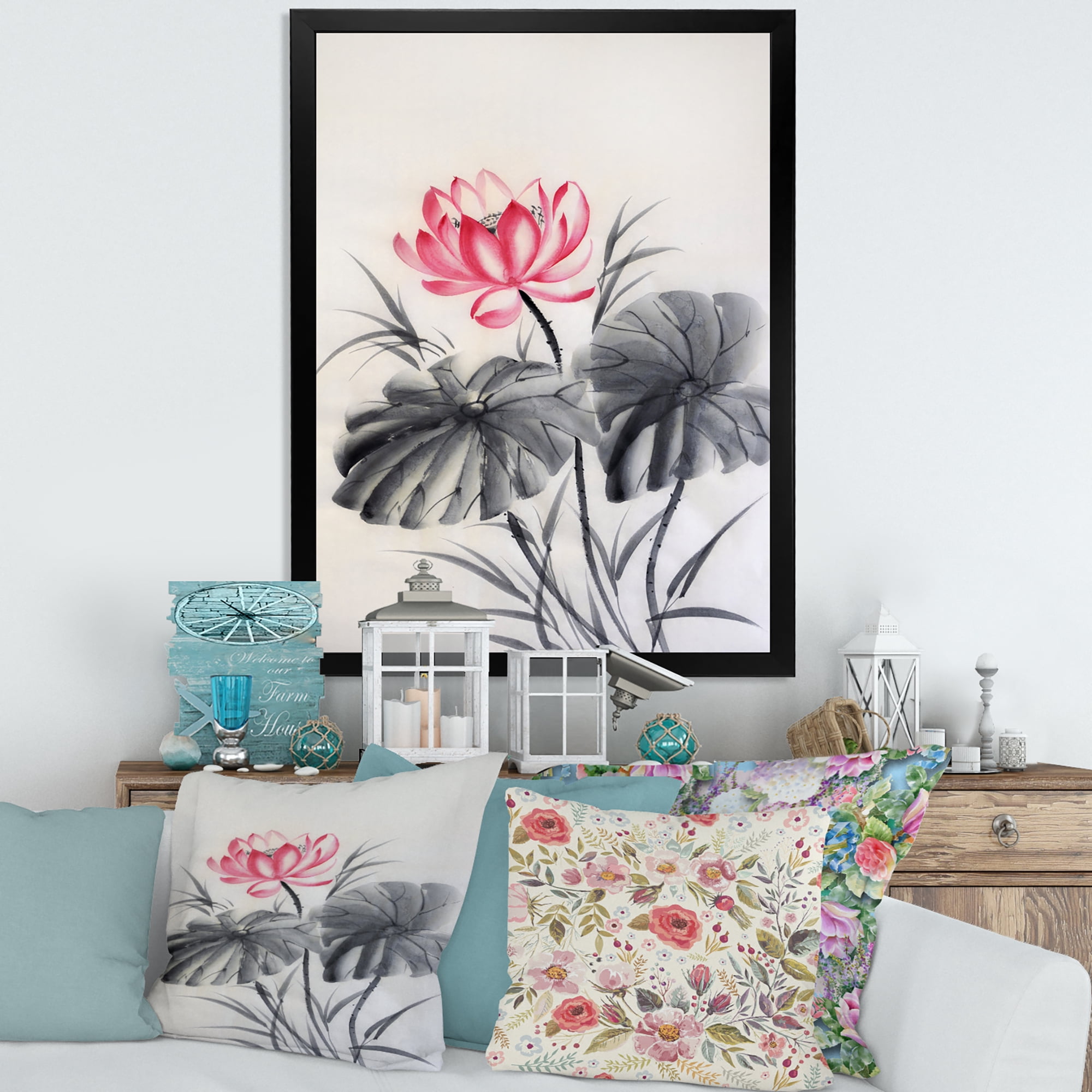 Designart 'Two Monochrome Leaves With Lotus Flower' Traditional Framed Art Print