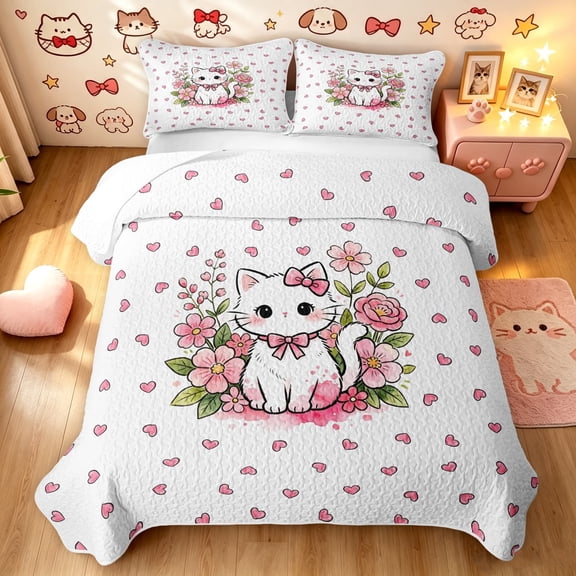 Manfei Bowknot Kitten Twin Quilt Set, Cartoon Blossoms Flower Twin Coverlet Set, Pink, 2 Pieces, 1 Bedspread and 1 Pillowcase