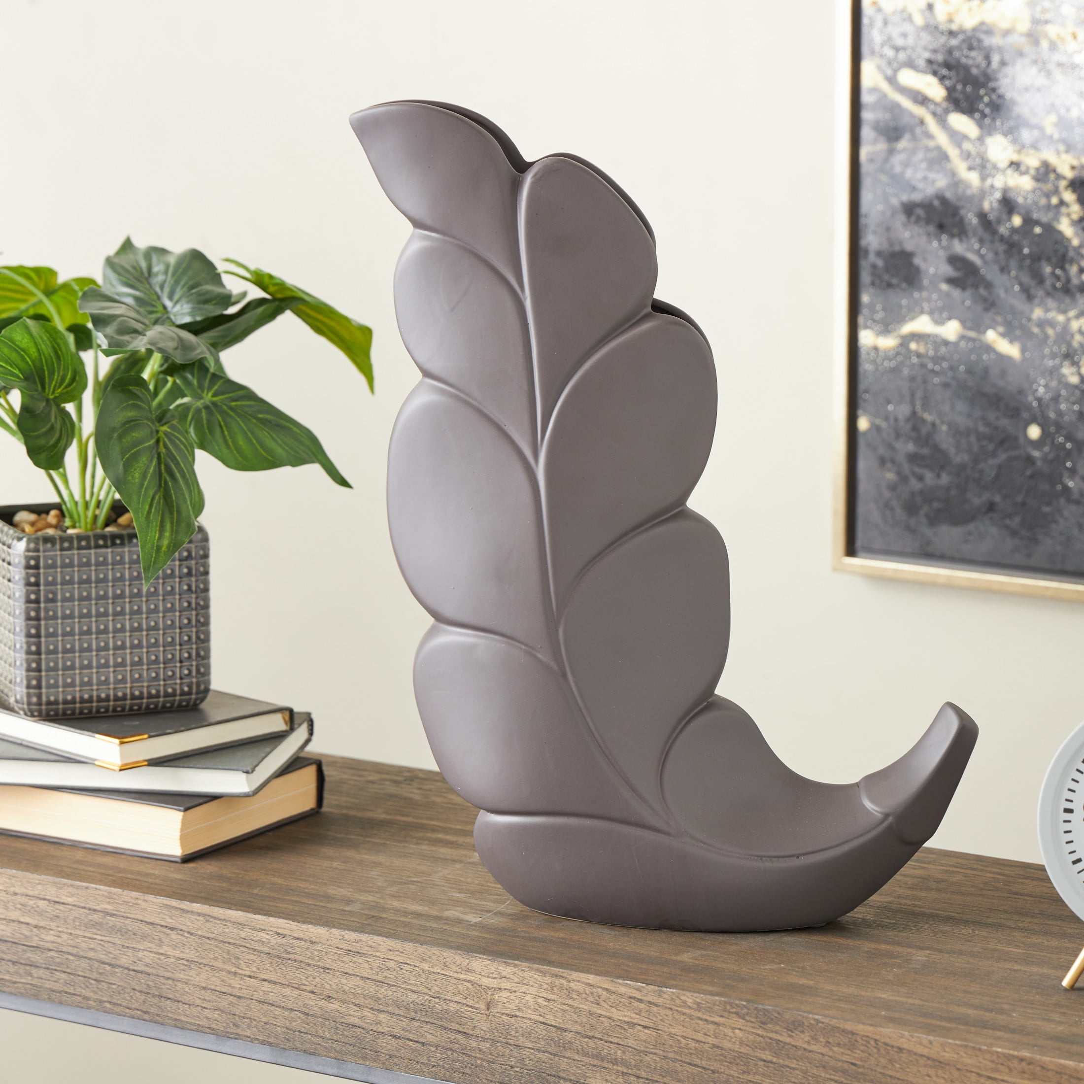 DecMode 19" Leaf Slanted Black Ceramic Vase