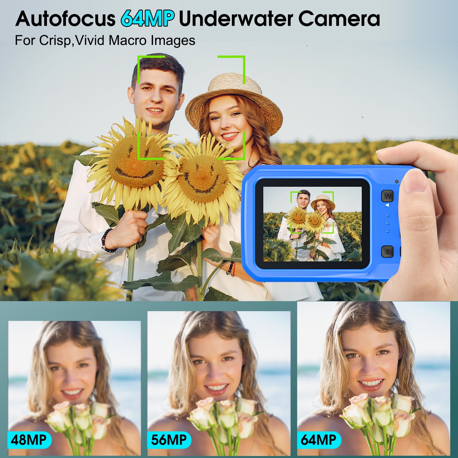 SEREE Waterproof Camera 4K UHD 64MP 16X Digital Zoom Compact Digital Underwater Camera with 16GB Card