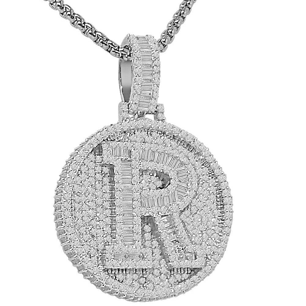 3D Baguette Round Bezel White Tone Initial Letter R Alphabet Charm ...