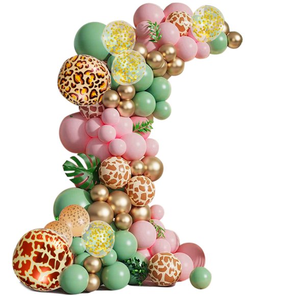 170Pcs Balloon Garland Arch Kit Animal Printed Pink Sage Green Balloons Reusable Latex Jungle Theme Wild Animal Balloons Decor for Birthday Party