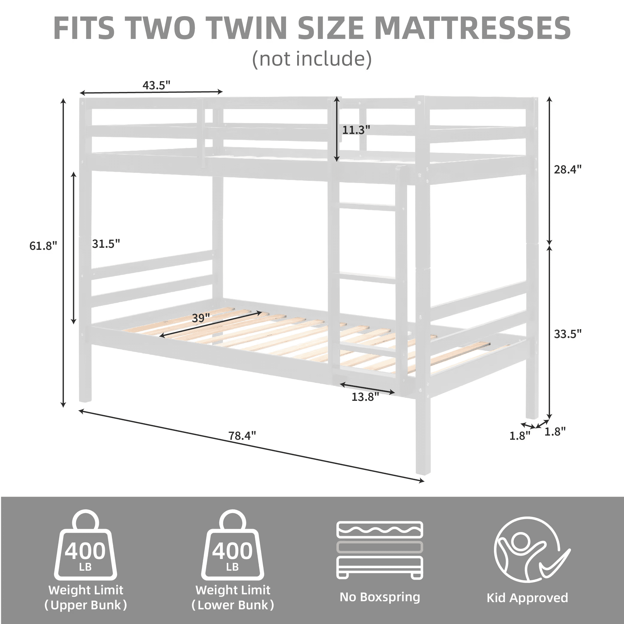 MAYEERTY Twin over Twin Bunk Bed with Ladder, Wooden Bed Frame with High Guardrail and Ladder for Kids, No Box Spring Needed, White