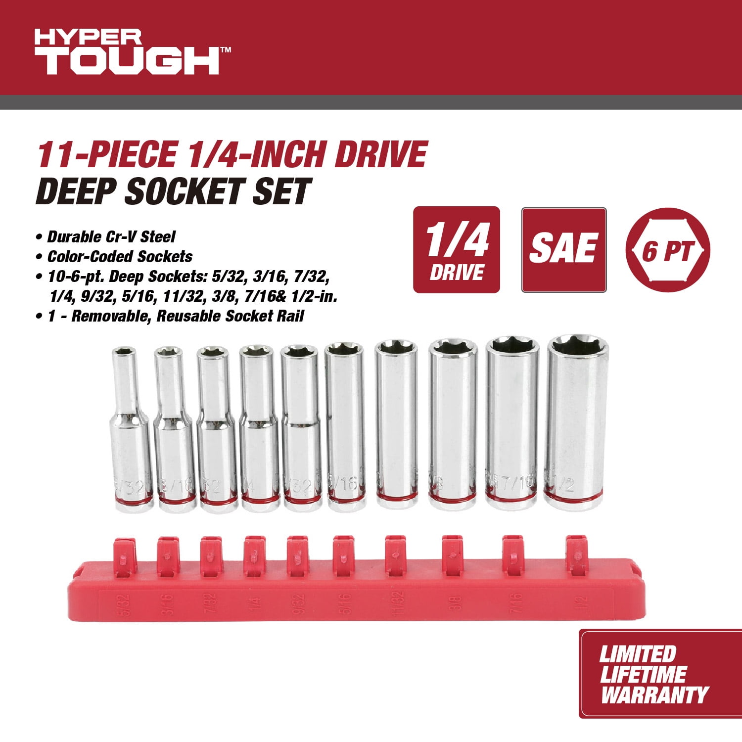 Hyper Tough 11-Piece 1/4-inch Drive Deep Socket Set (SAE)