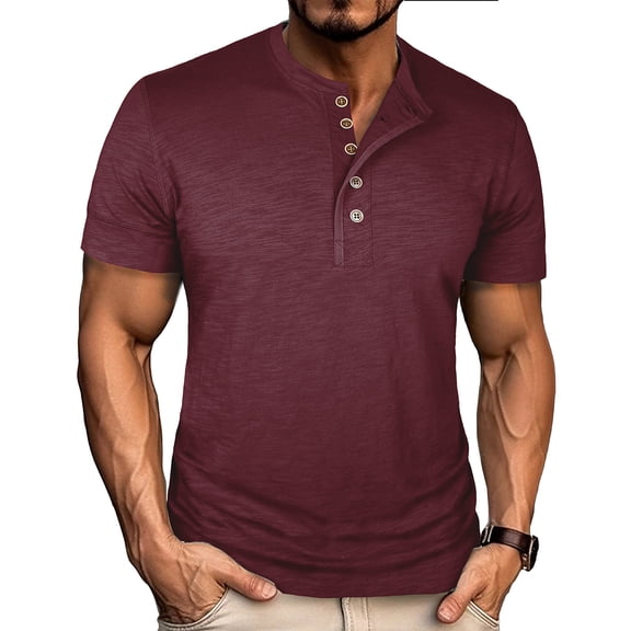 BRGZLK Mens Henley Shirts Comfy Round Neck Solid Color Button Pullover Short Sleeve T Shirt Top Wine XXL