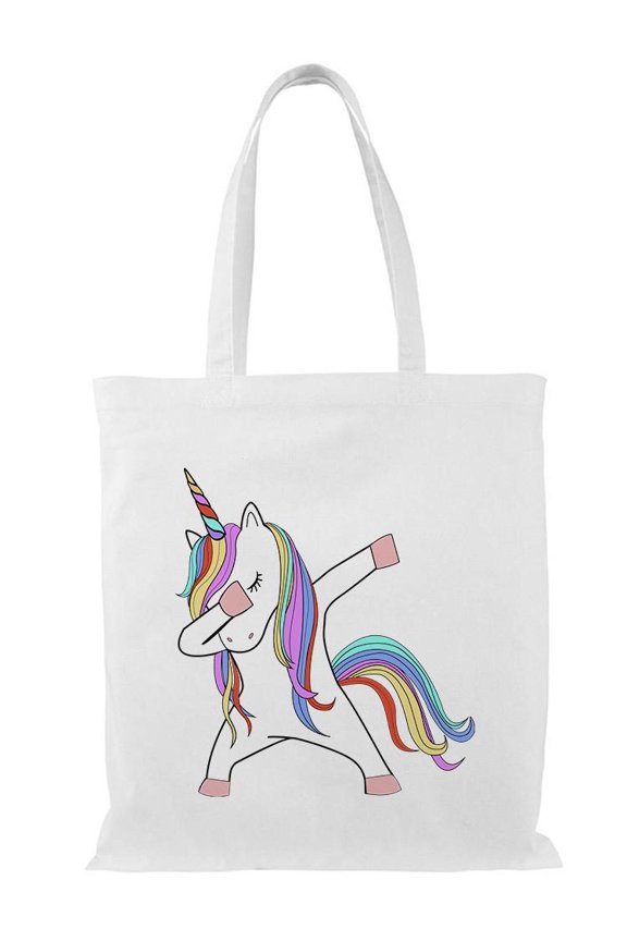 Colorful Dabbing Unicorn Tote Bag - Image by Shutterstock, One Size Cotton Canvas Tote Bag
