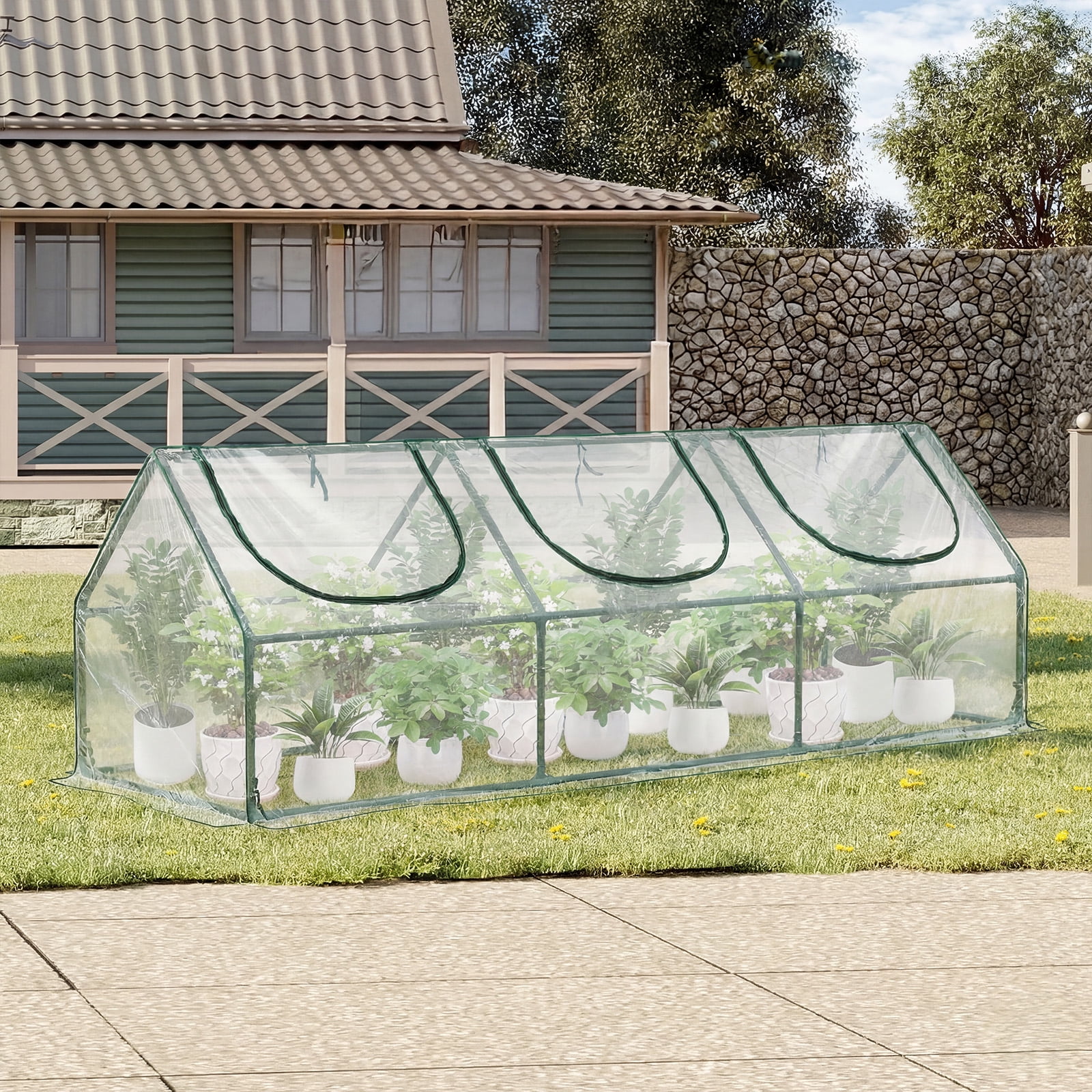Aoodor 9 ft. x 3 ft. x 3 ft. Mini Greenhouse with 3 Zipper Doors, Water Resistant UV Protected for Flowers, vegetables and herbs - Transparent