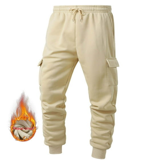 Aobny Pockets Men's Sweatpants Baggy Khaki Fleece Sweat Pants Long Cargo Loose Yoga Pants Men,L