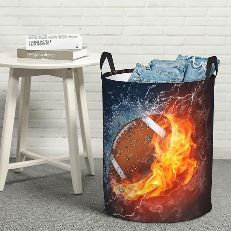 American Football Ball In Fire And Water Round Laundry Hamper Sport Rugby Storage Basket Toys Clothes Organizer Bin For Home Bathroom Bedroom Dorm Nursery