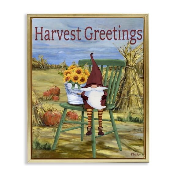 Stupell Industries Rustic Lodge Harvest Greetings Gnome Gold Floating Frame Canvas Art, 25 x 31, by Paul Brent