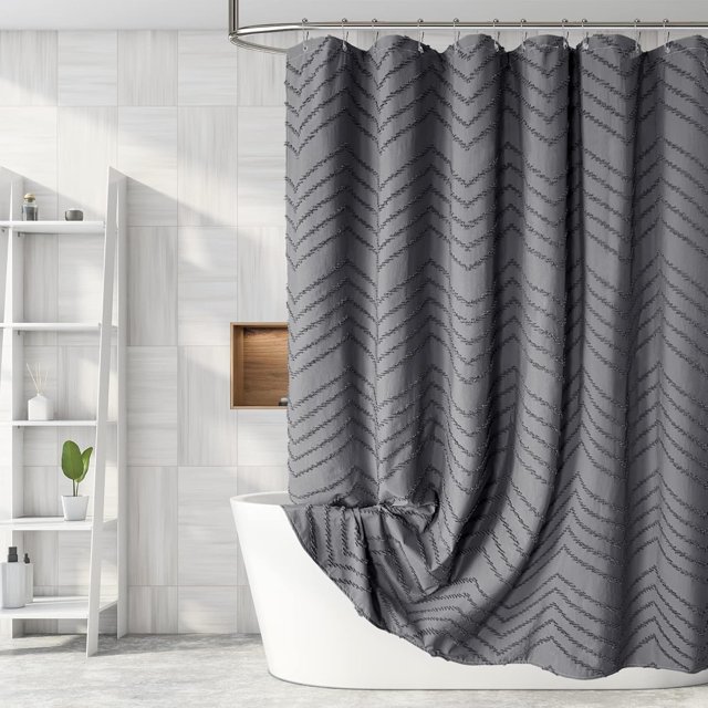 Cortina de ducha gris bohemia con diseño de chevrón a rayas, estilo shabby chic, con textura, cortinas de ducha para baño, moderna casa de campo, impermeable, juego de cortina de ducha con gancho de 7