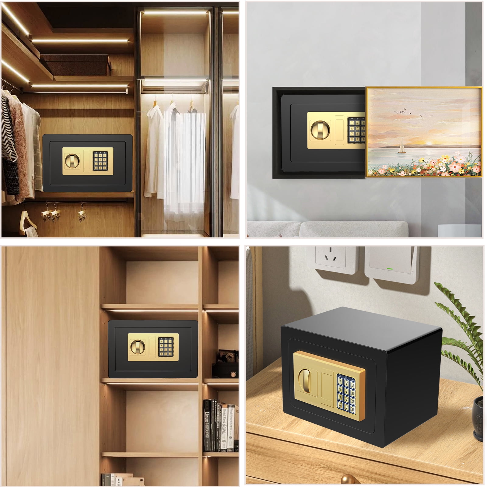 RIFLEWELL 0.8 Cub Safe Box - Small Home Safe for Money Jewelry Documents, Security Safe Box, Solid Steel Lock Box with Digital Electronic Security Keypad for Home Office Hotel (Black Gold)