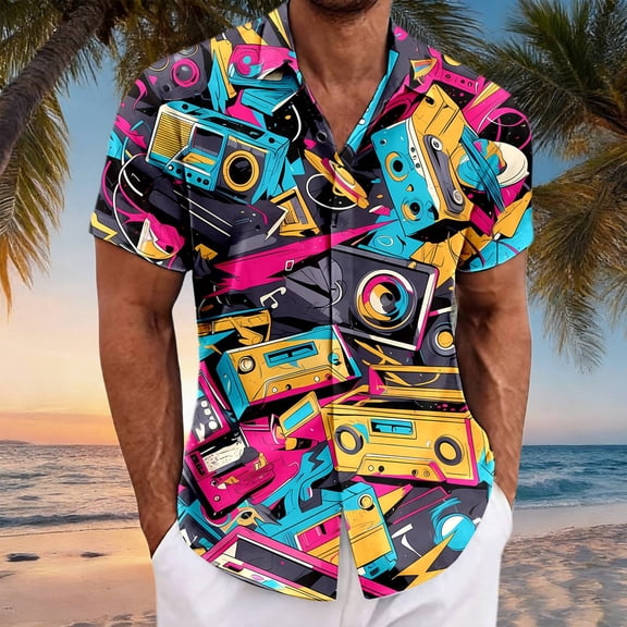 Hawaiian Shirt for Men Short Sleeve Retro Button Lapel Top 80s Music Printed Casual Soft Summer Holiday Seaside Mens Beach Shirts Multicolour L