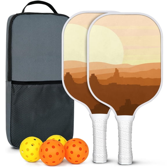 Pickleball Paddles Set Of 2, Fiberglass Surface, West & Cowboy Print, 4 Balls & Bag