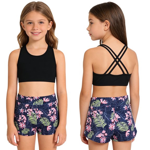 iiniim Three Pieces Swimwear for Girls Bikini Set with Floral Printed Shorts Beachwear Swimsuit Flowers 16
