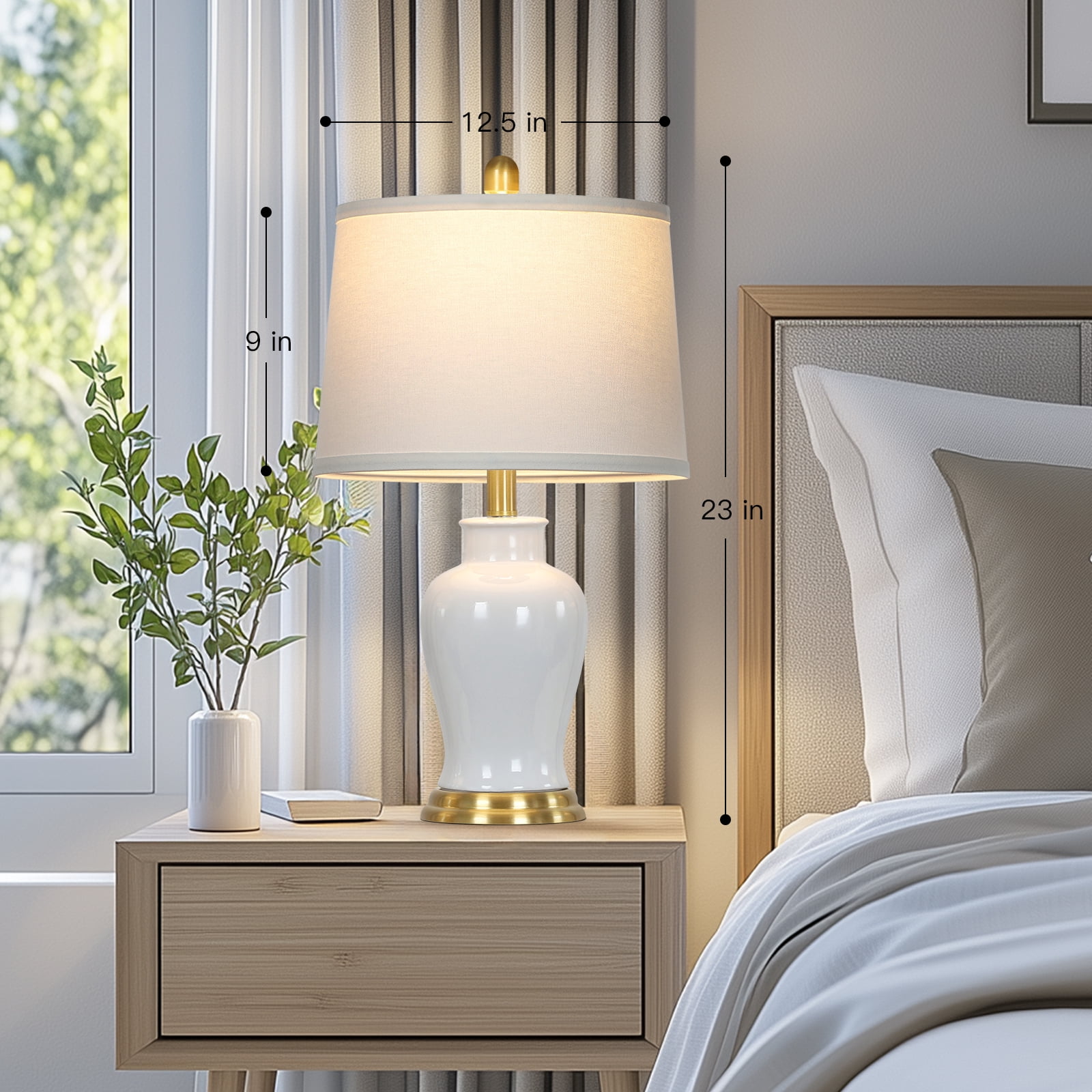 Cinkeda White Ceramic Table Lamps Set of 2 for Living Room Bedroom 23" Tall Modern Ginger Jar Design Nightstand Bedside Lamps