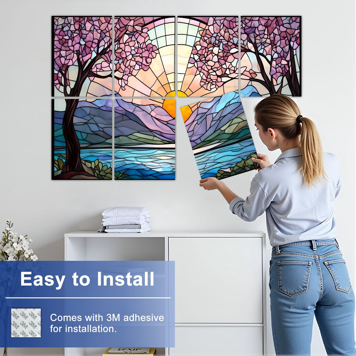 Stained Glass Style 8 Pack Art Acoustic Panels Sound Absorbing Sunrise Cherry Blossom Trees Decorative Soundproof Wall Panels Self Adhesive for Nursery Game Room Bedroom 48"x32"