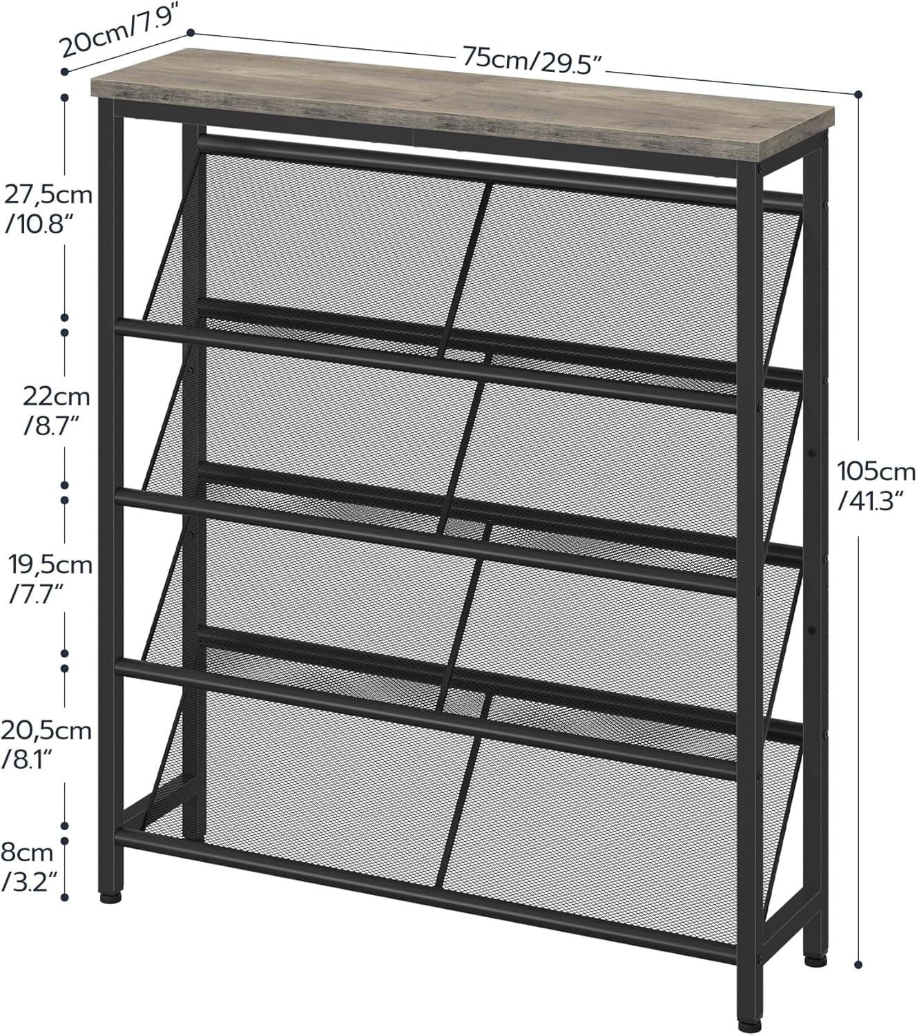 Shoe Rack, 5-Tier Slanted Shoe Storage Shelf, Narrow Shoe Rack for Entryway, Shoe Organizer with Adjustable Feet, Slim Shoe Shelf with Wooden Top and Metal Frame, Greige and Black TXJ02BG