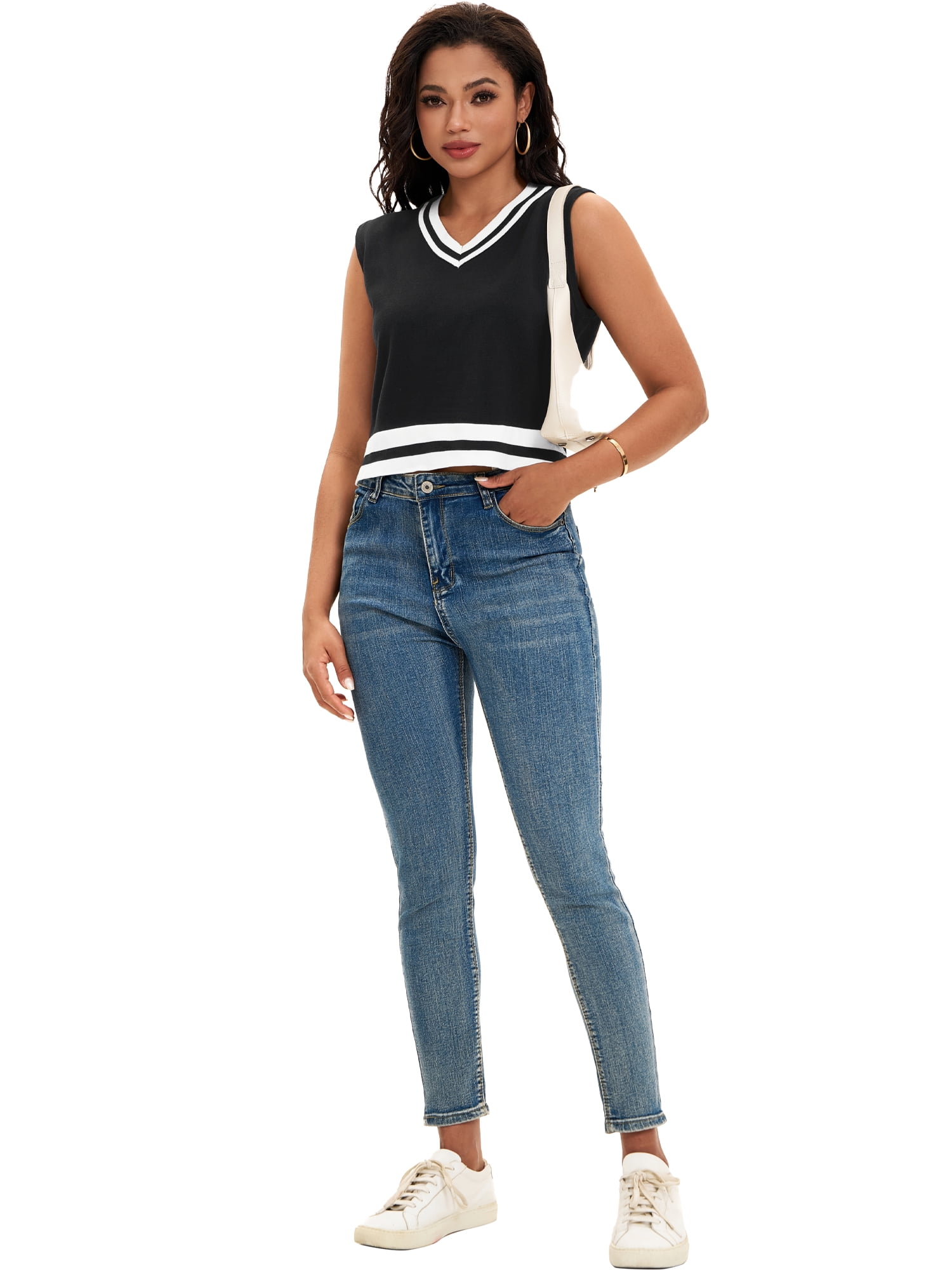 DARING DIVA Women's Cropped Sweater Vest Tank Tops M Black White