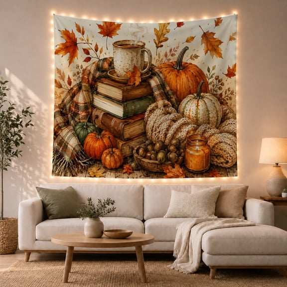 Autumn Still Life with Pumpkins and Falling Leaves Cozy Rustic for Home Decor Lovers, Harvest Art Decor, Thanksgiving Gift, Tapestry Wall Hanging for Living Room and Bedroom