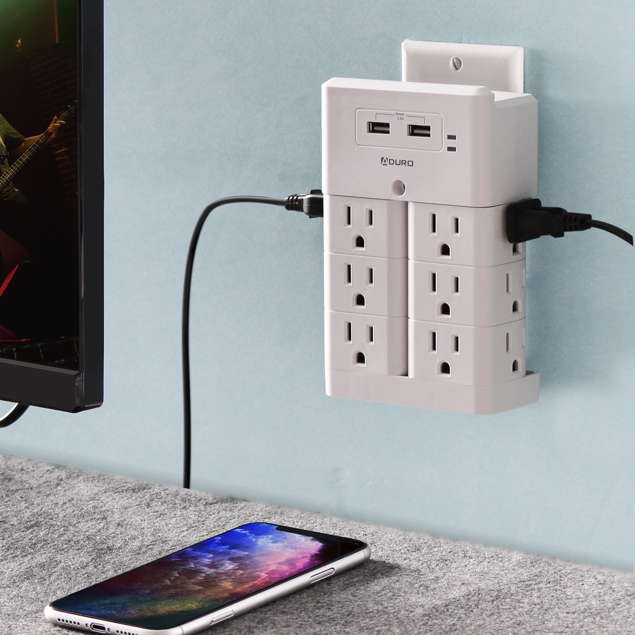 Aduro Surge Power Strip 3 Outlets & Dual USB Ports & Wall Outlet Home Office 