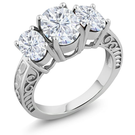 Gem Stone King 925 Sterling Silver 3-Stone Ring Set with Moissanite (3.90 Cttw) (Size 7)