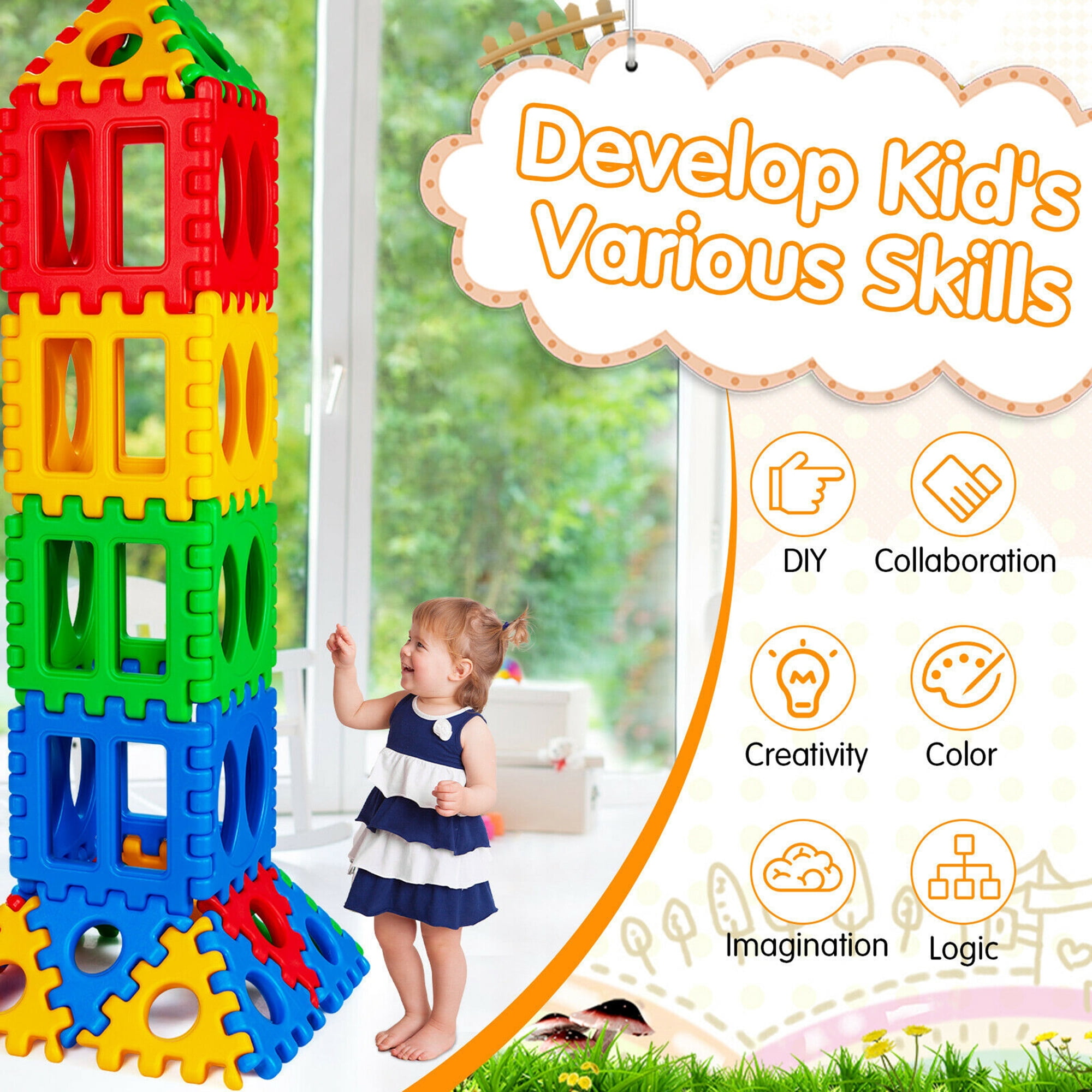 Gymax Kids Educational Stacking Building Toy 32 Pieces Big Waffle Block Set