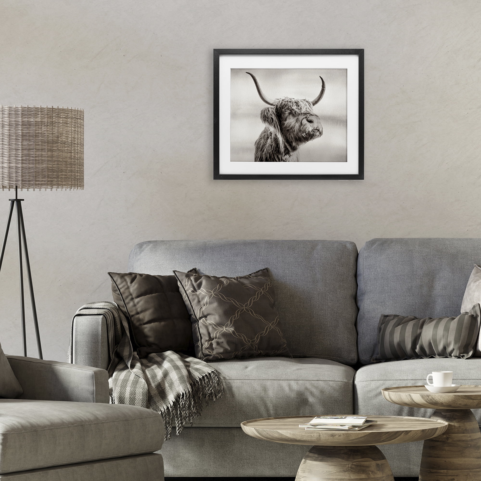 Stupell Industries Horned Highland Cow Gazing Black Framed Print Under Glass, design by Julia Frost
