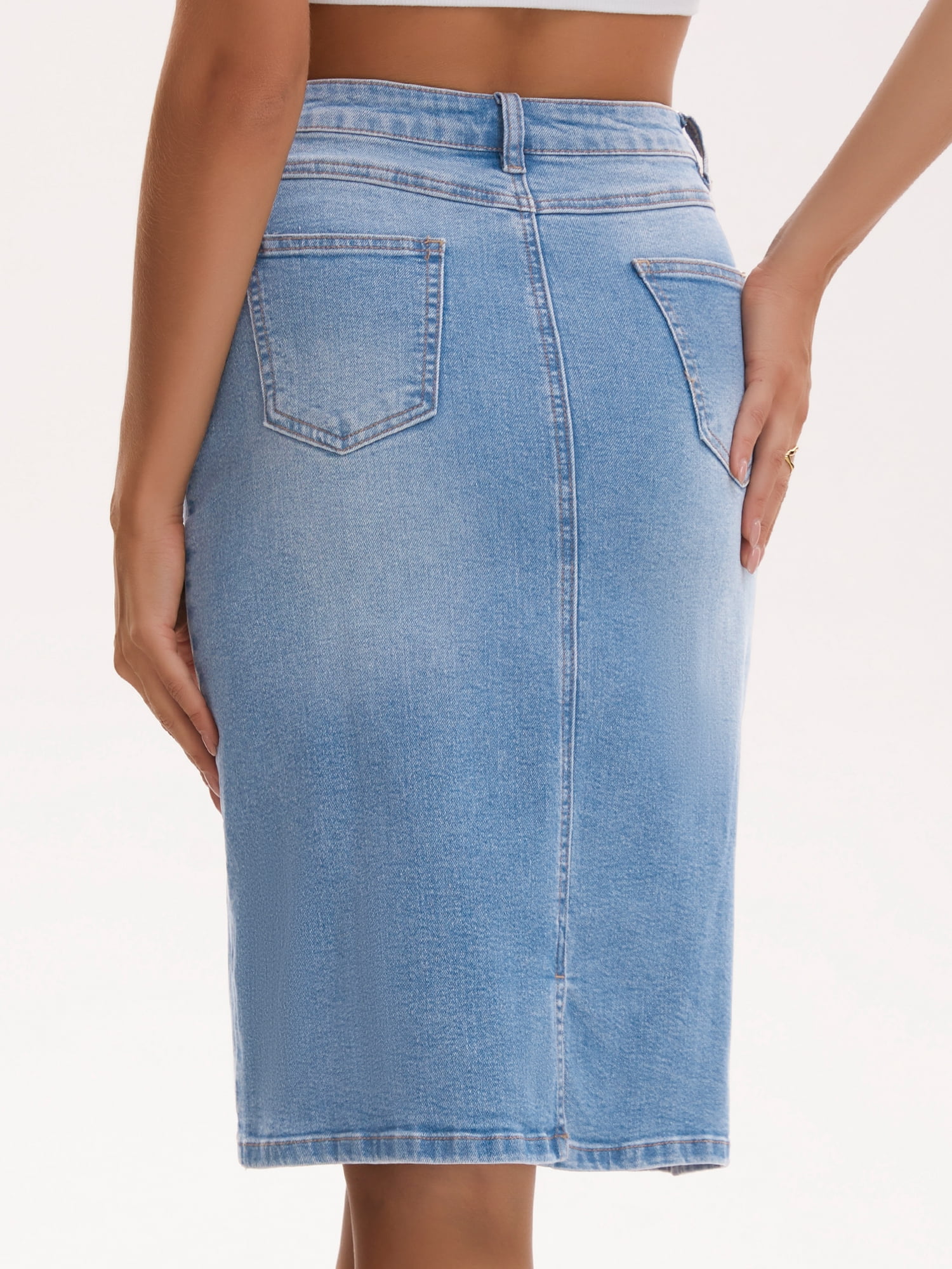 DARING DIVA Women's Jean Back Slit Stretch Below Knee Length Denim Skirts M Light Blue