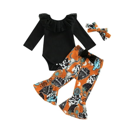 

Newborn Baby Girl Clothing Baby Rib Pleated Long-sleeved Jumpsuit Flared Pants Headband Set 3 Pcs Spring Fall Outfits