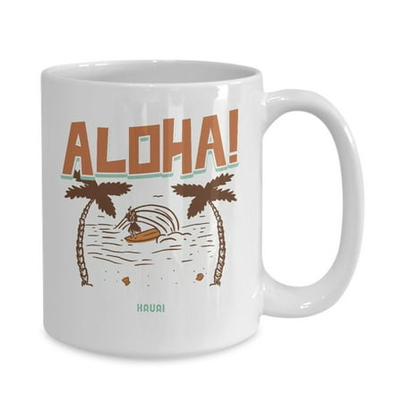 

Vintage Kauai Hawaii Large Tube Surfer Hula Girl Palm Trees Beach White Gift coffee mug