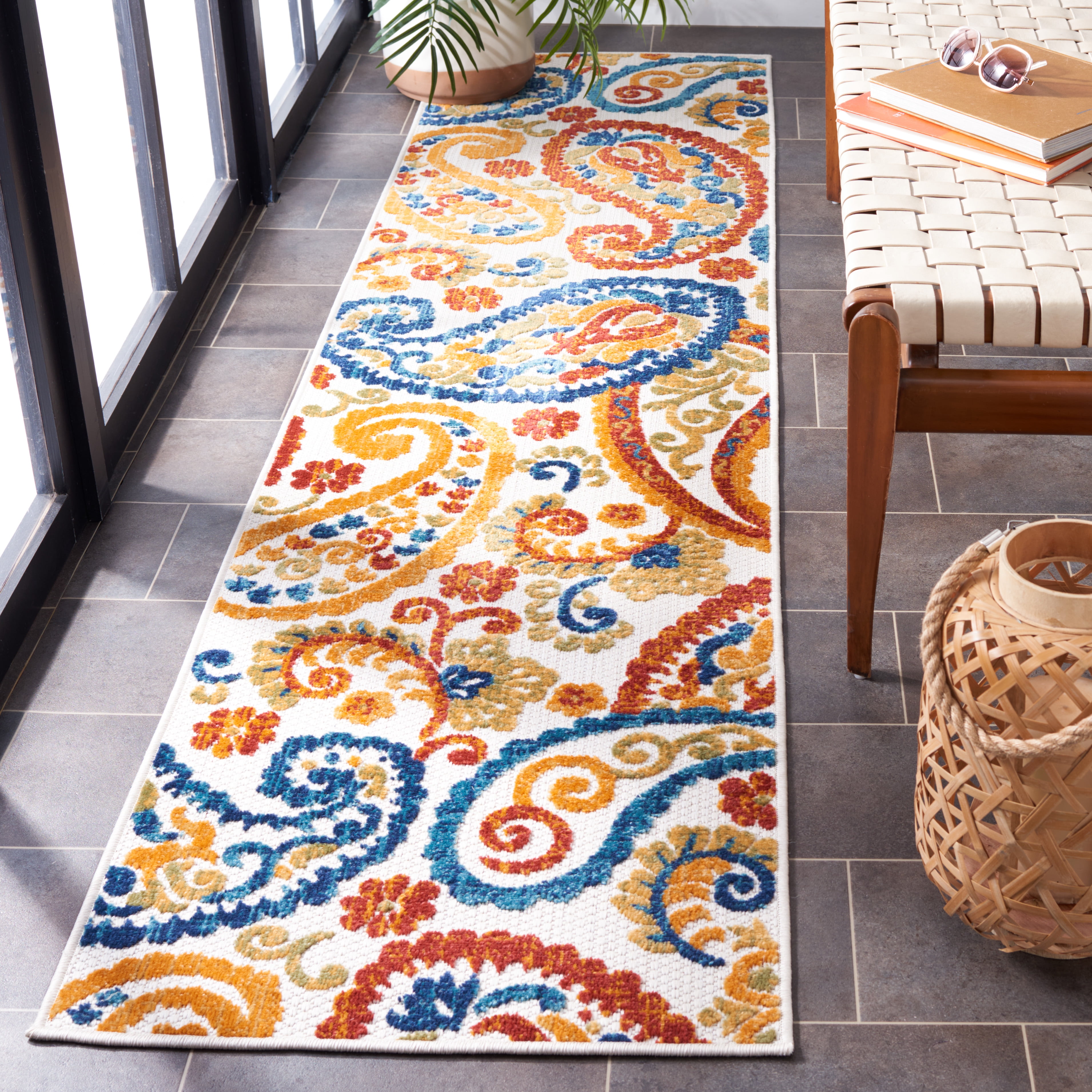 SAFAVIEH Cabana Allycia Paisley Indoor/Outdoor Runner Rug, Cream/Navy, 2' x 12'