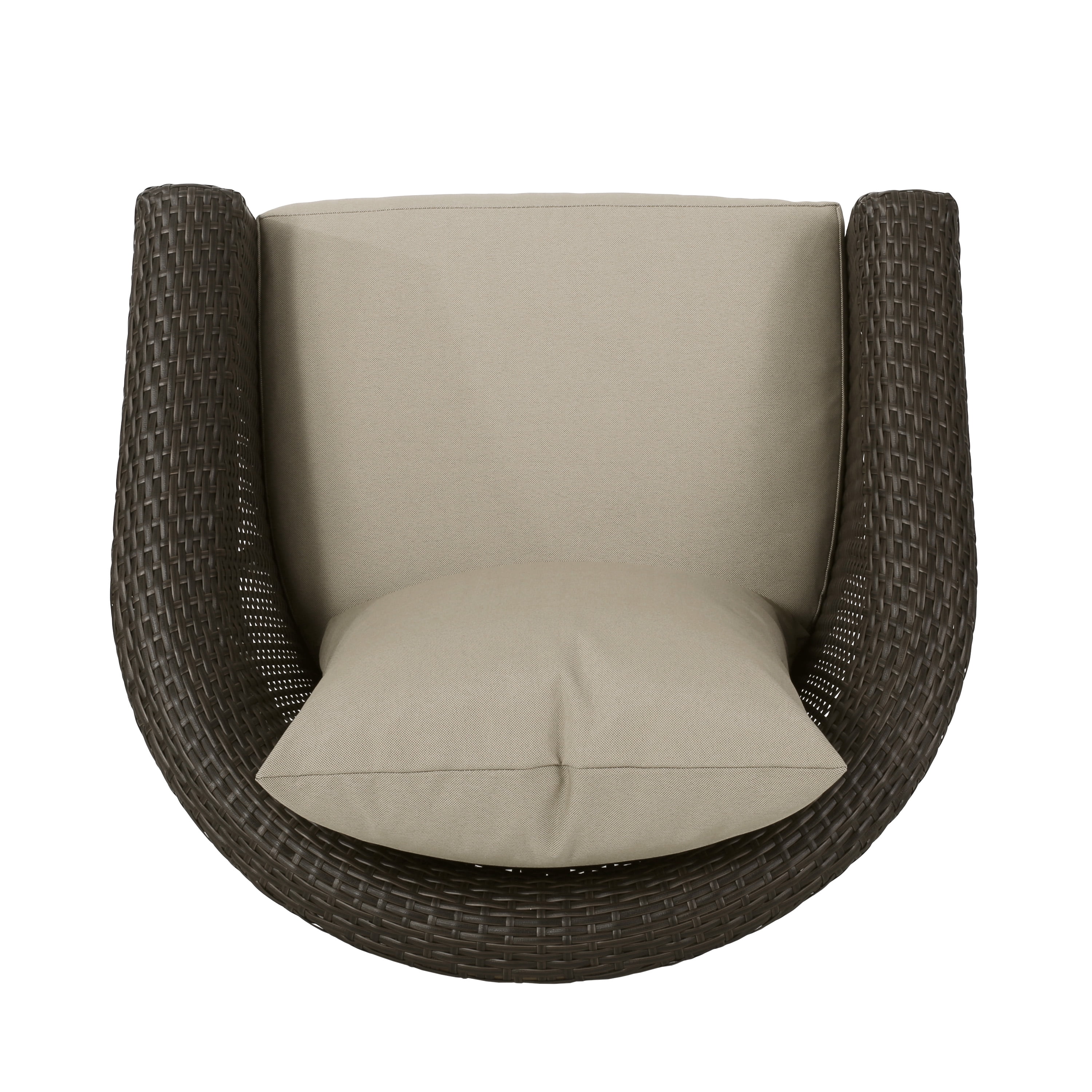 Davion Outdoor 5 Piece Wicker Swivel Club Chair Set with Fire Pit and Cushions, Mix Brown, Mix Khaki, Natural Stone