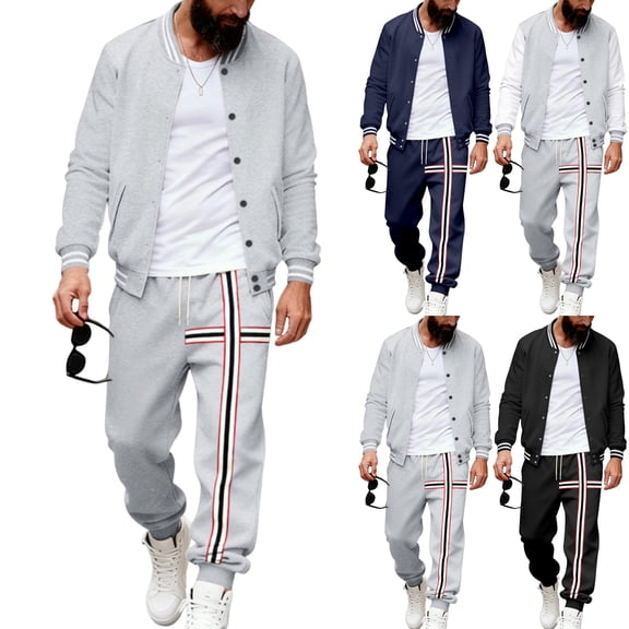 yuCgh Men's Casual Bomber Style Jacket and Jogger Pants Set, Two-Piece Athletic Outfit with Elastic Waist for Urban and Outdoor Wear,Black L