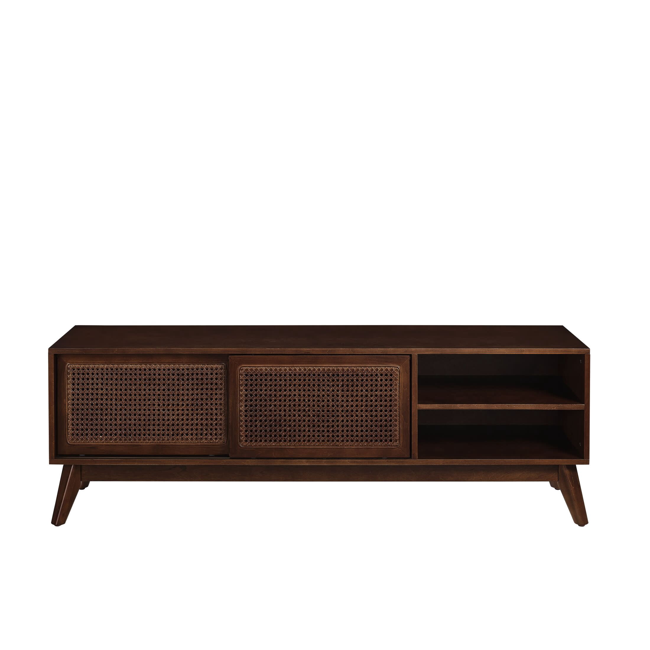 Noble House 59" Mid-Century Rattan TV Stand, Entertainment Cabinet with Sliding Doors, for Living Room, Walnut