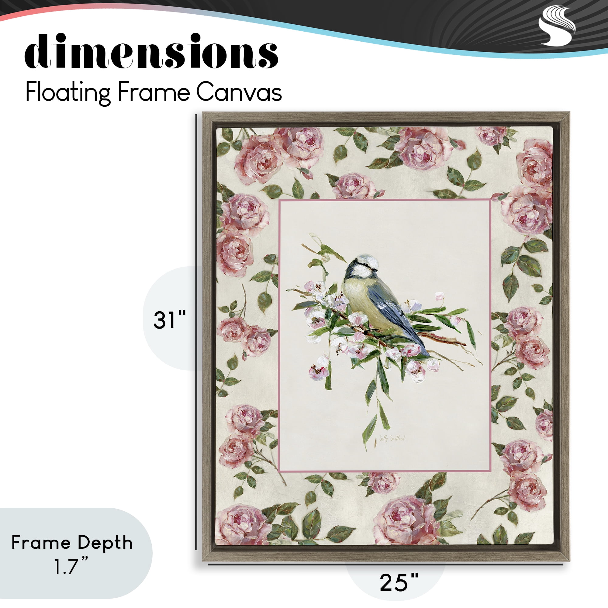 Stupell Industries Dainty Roses & Perched Bird Brown Framed Floater Canvas Wall Art, design by Sally Swatland