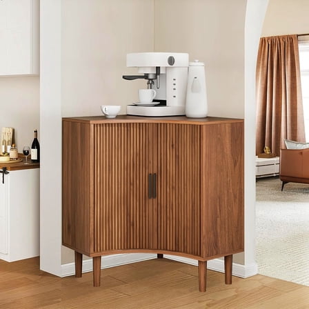 Small Corner Cabinet, Modern Corner Floor Cabinet with Sliding Doors and Adjustable Shelves, Freestanding Narrow Storage Organizer for Living Room, Kitchen, Walnut