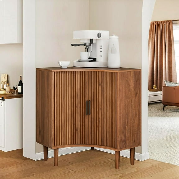 Small Corner Cabinet, Modern Corner Floor Cabinet with Sliding Doors and Adjustable Shelves, Freestanding Narrow Storage Organizer for Living Room, Kitchen, Walnut