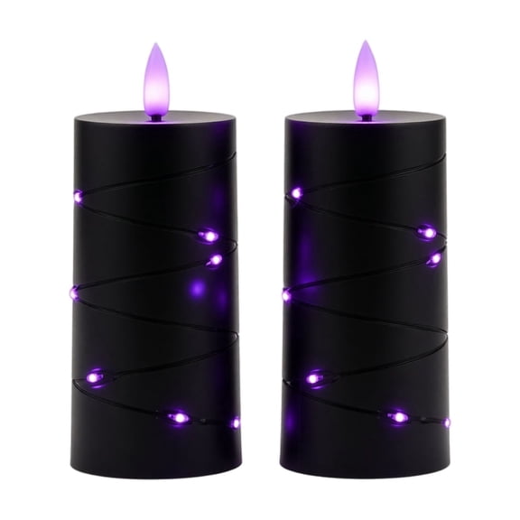 Spooky Glow Flameless Candle Summerween Lights, Flickering LED Fairy String Pillars For Gothic Party Nightstand Decor, Purple, 2 Pack