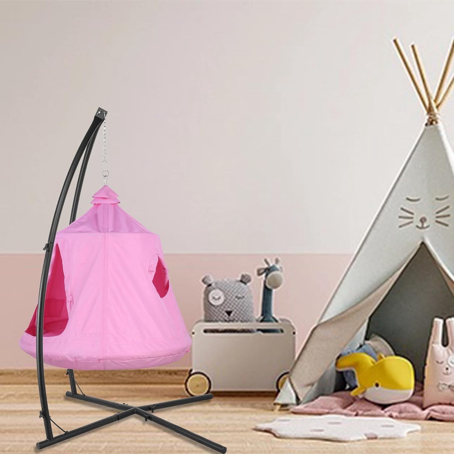 LAZY BUDDY Hammock Chair Set, Hanging Tree Tent w/ Steel Stand, Hammock X-Stand with Swing Tent, LED Lights, 330 lbs, Pink