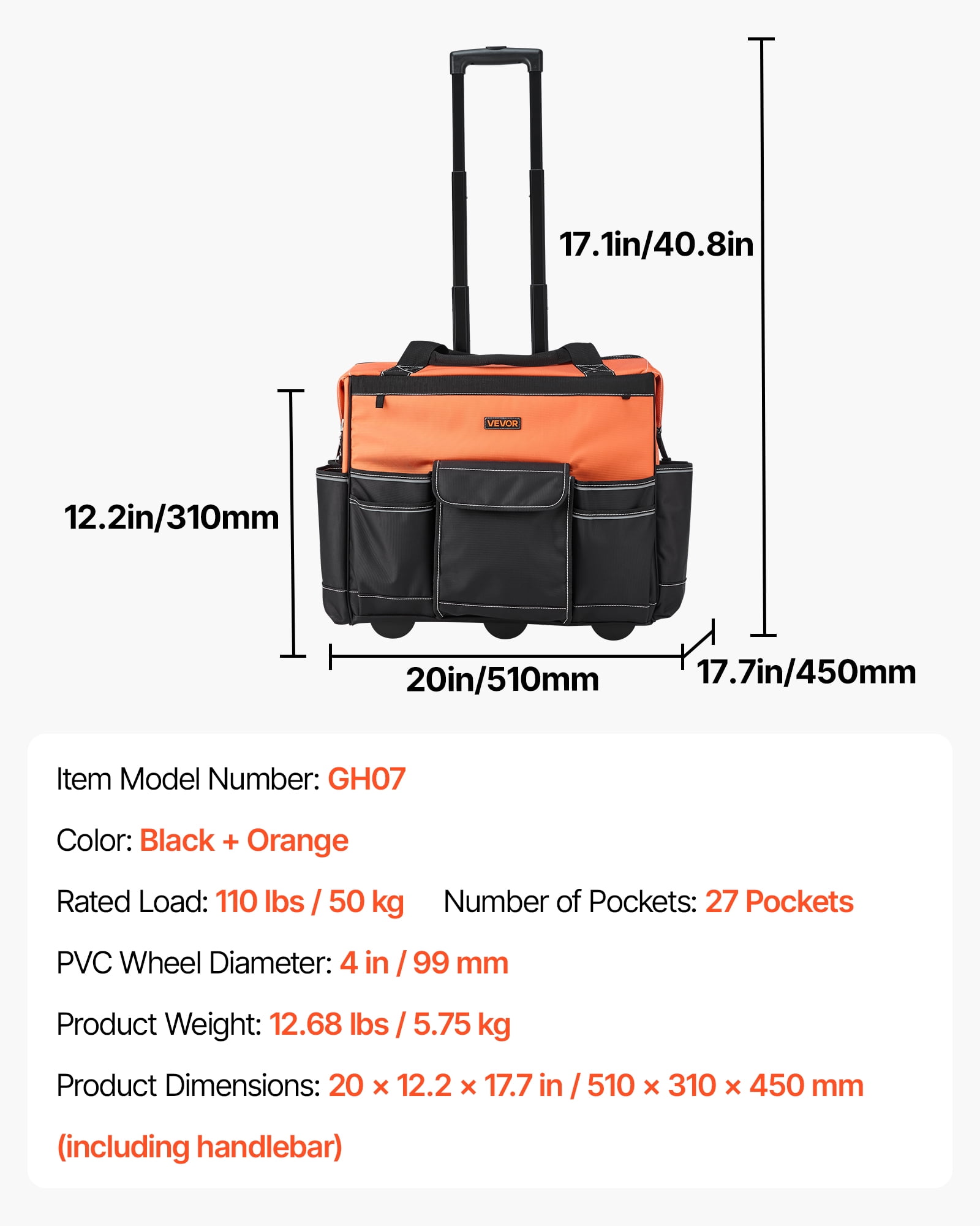 VEVOR Rolling Tool Bag, 110 lbs Load Capacity, 27 Pockets Heavy Duty Roller Tool Bag on Wheels, Adjustable Telescoping Handle & Stable Base, Toolbag Organizers with Wheels for Construction, Mechanic