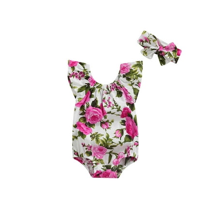 

Yinyinxull Newborn Infant Girls Rompers Flying Sleeve Rose Floral Print Jumpsuits Playsuit+Headband Outfits White 3-6 Months