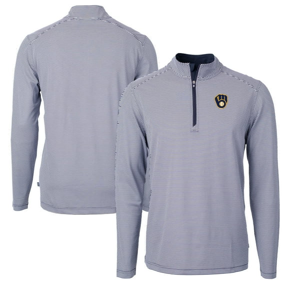 Men's Cutter & Buck Navy/White Milwaukee Brewers Virtue Eco Pique Micro Stripe Recycled Quarter-Zip Pullover Top