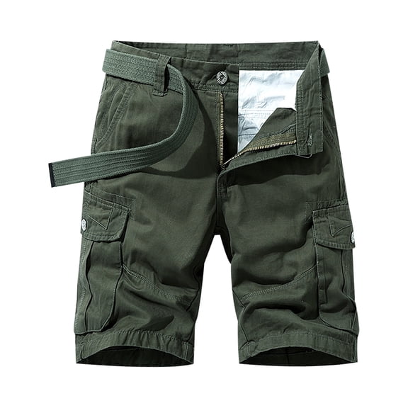 HOOMEUMY Men's Summer Cargo Shorts Straight Fit Multi-Pockets Belt Solid Color Cotton Bermuda Shorts Army Green 10