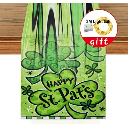 

St Patrick s Day Travel Table Runner Clover Gold Coin Pot Seasonal Spring Farmhouse Holiday Table Decorations for Kitchen Dining Table Decor #09