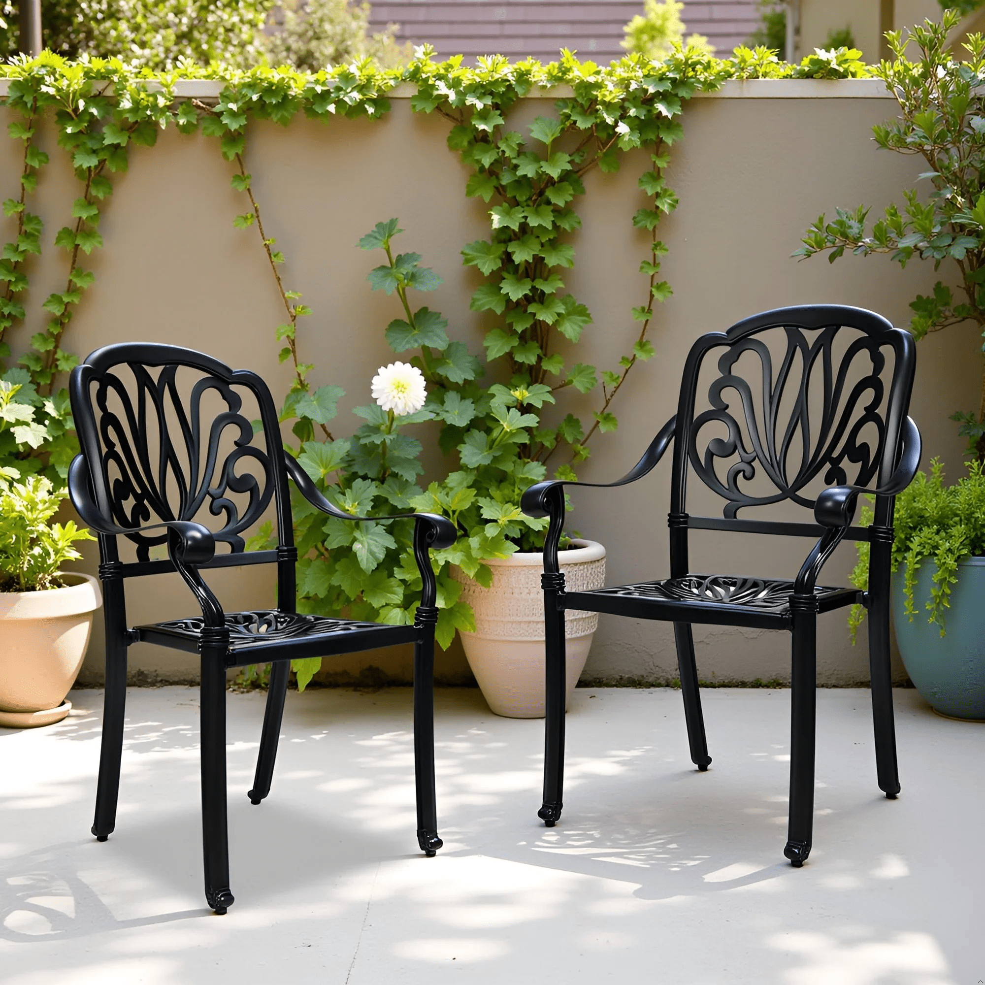 PATIO-IN Set of 2 Cast Aluminum Outdoor Dining Chairs, Stackable Arm Chairs, All-Weather Bistro Seats for Patio, Balcony, Garden, Black
