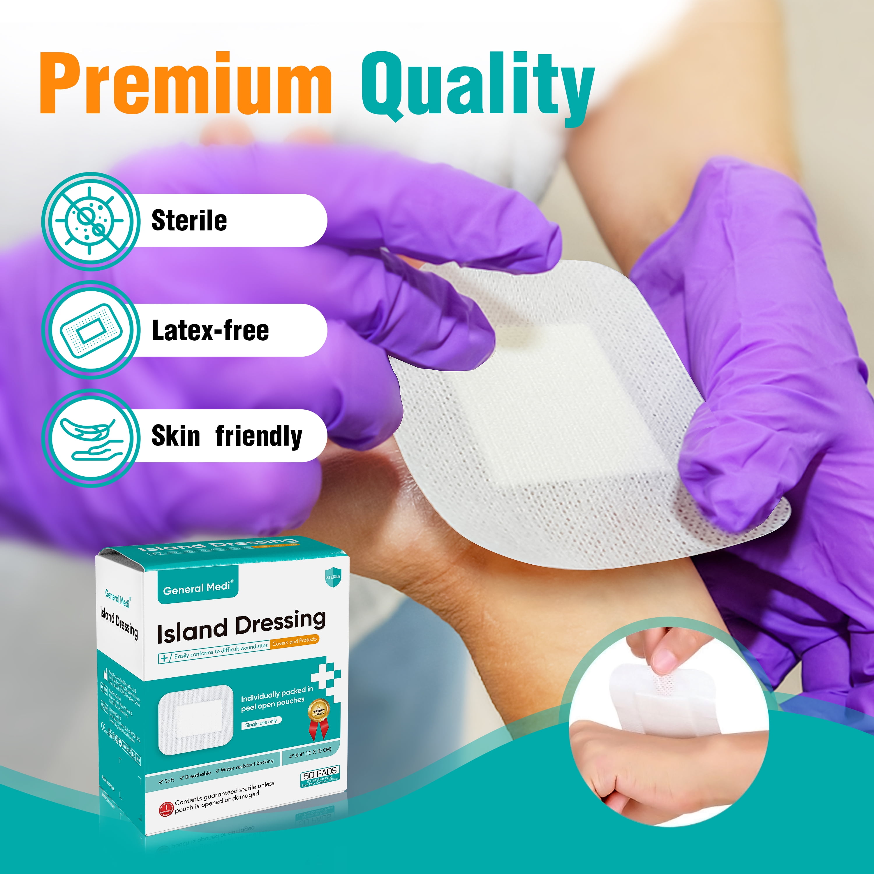 Sterile Island Dressing Bordered Gauze – 50 Count, 4" x 4" Individually Packed Gauze Pads, Adhesive Borders with Non-Stick Pads, Wound Dressing for First Aid Kit and Medical Facilities