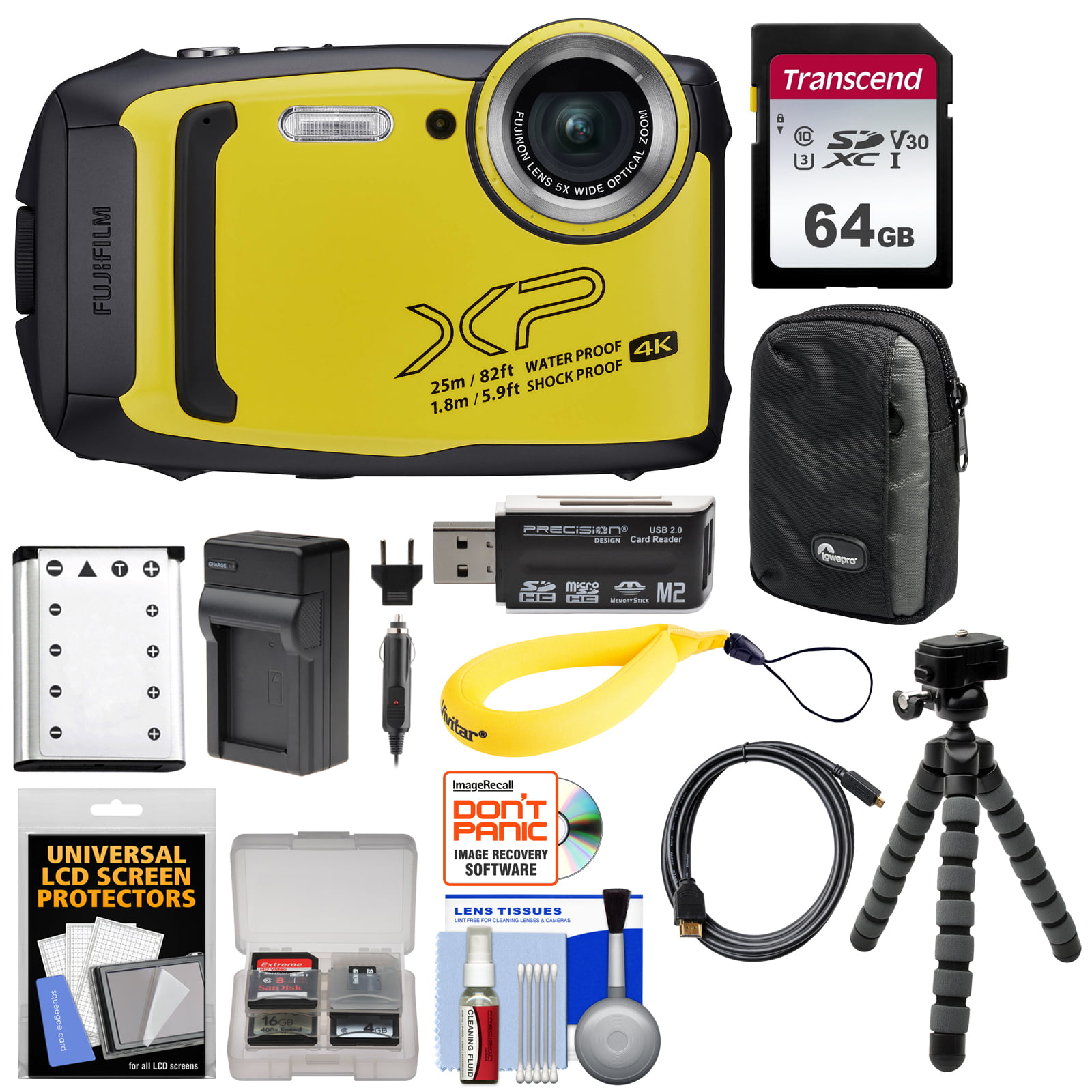Fujifilm FinePix XP140 Shock + Waterproof Wi-Fi Digital Camera (Yellow)  with 64GB Card + Battery + Charger + Case + Tripod + Kit