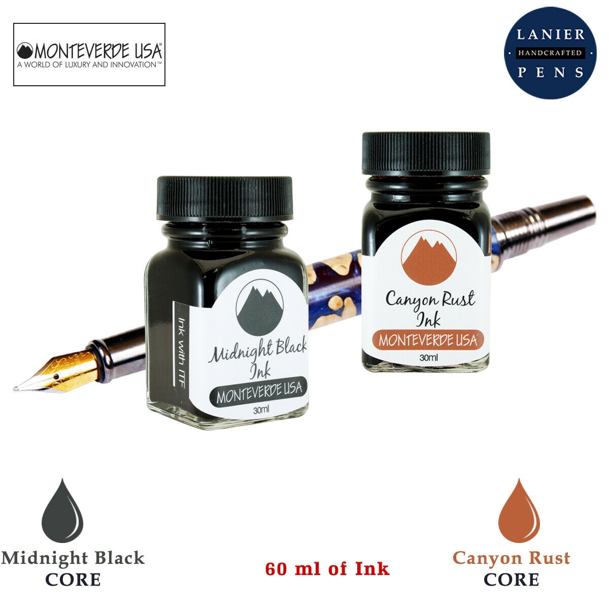 Monteverde 60ml Core Fountain Pen Ink Bottle (30ml Midnight Black Ink Bottle G309MB, 30ml Canyon Rust Ink Bottle G309CP)