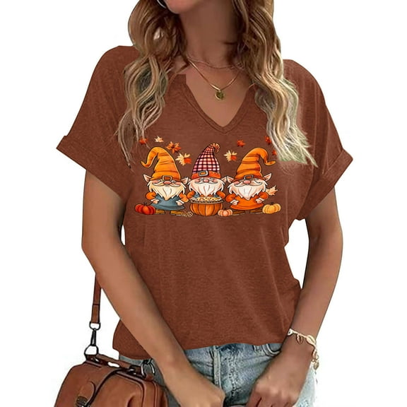 VKOYWKM Women's Thanksgiving Shirts V Neck Short Sleeve Fall T-Shirts Cute Thanksgiving Graphic Tees Loose Fit Thanksgiving Halloween Family Party Tops